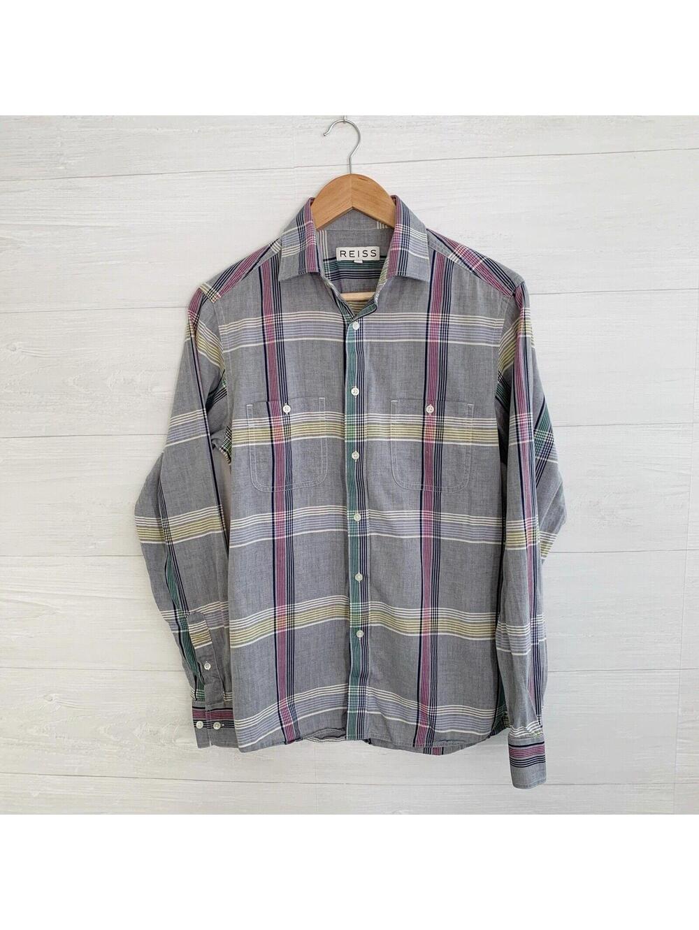 Reiss Gray Pink Plaid Cotton Chambray Button Down Shirt Mens S